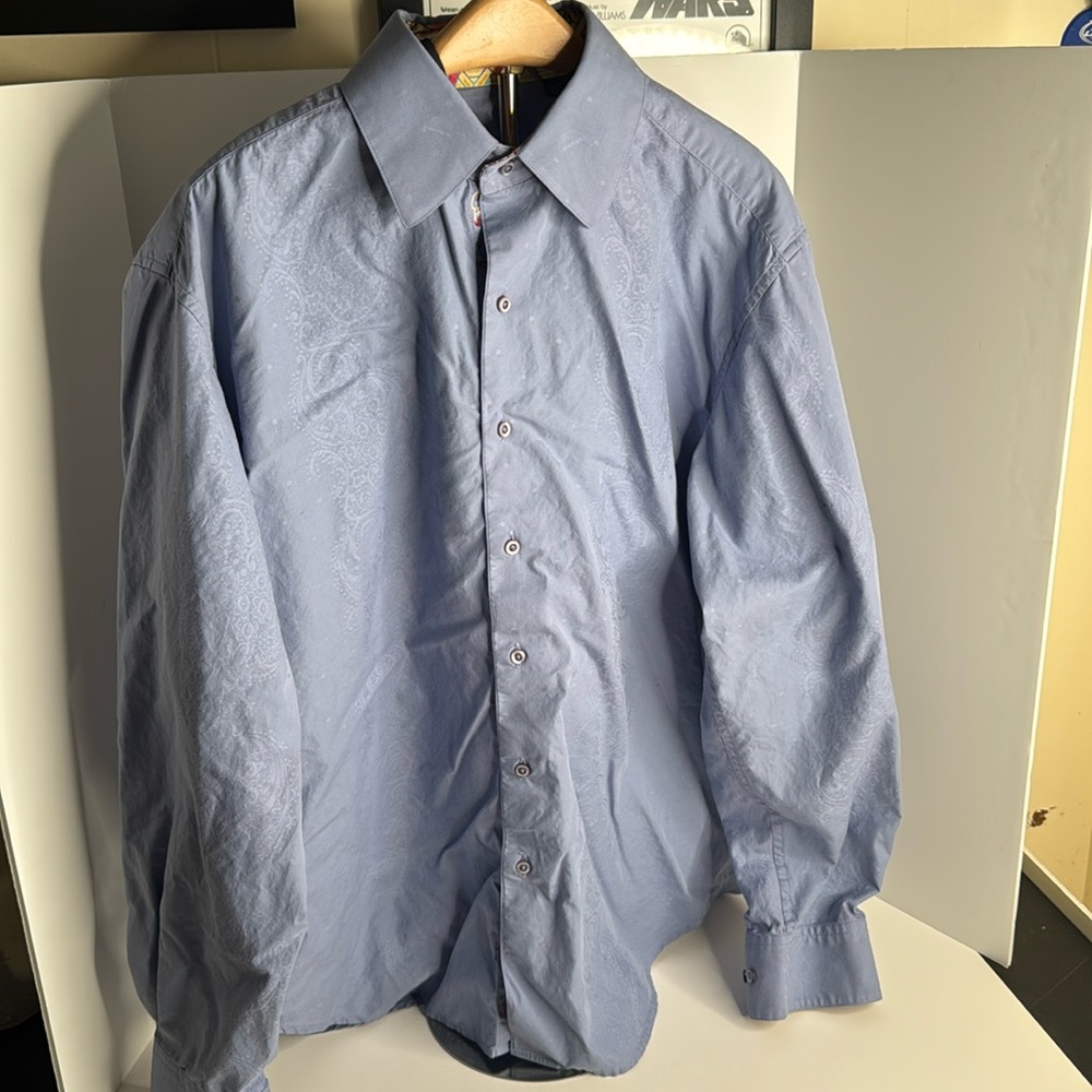 Robert Graham Flip Cuff Button Down Shirt L Blue with design